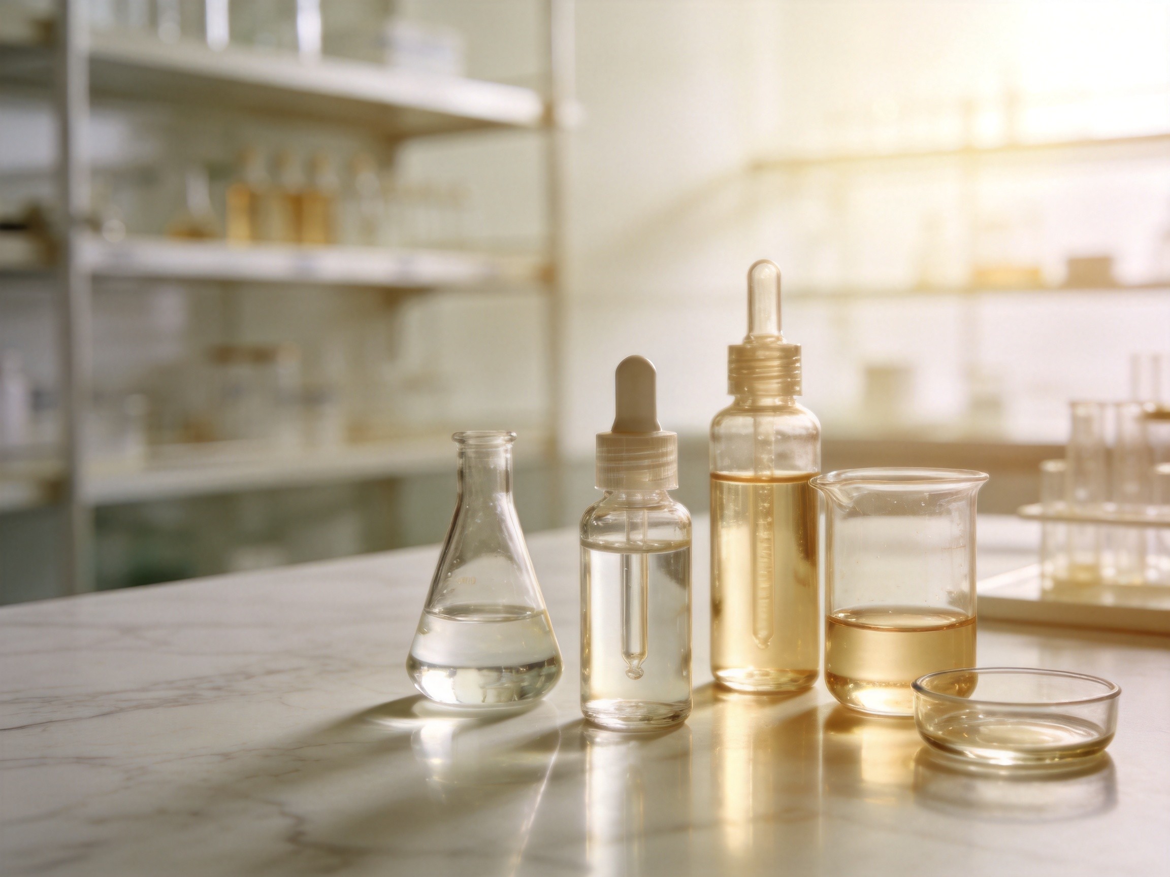 Cosmetic laboratory still life with glass bottles and beakers in warm ivory tones
