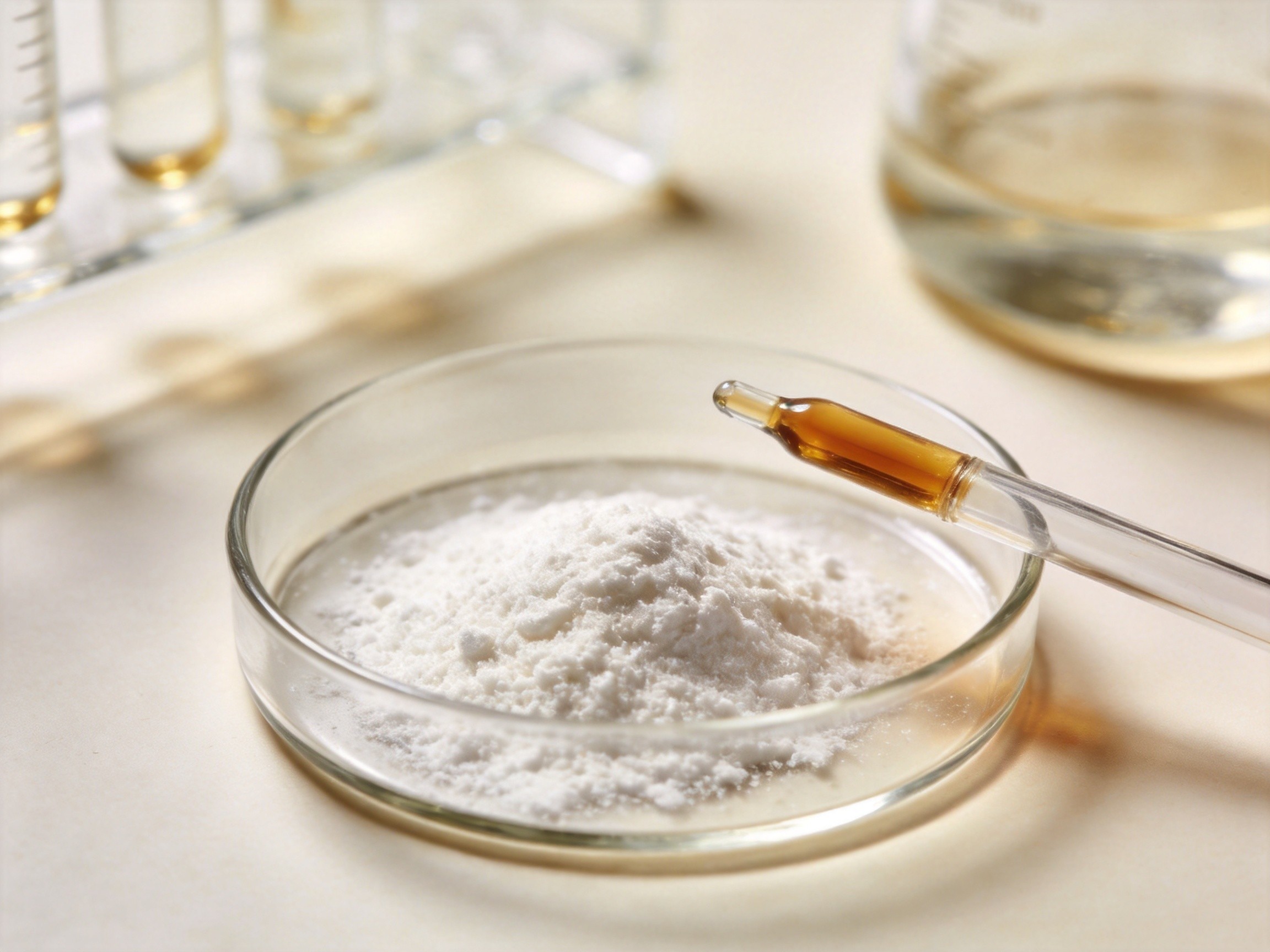 Close-up of cosmetic raw material powder in a glass dish with a dropper, in warm ivory tones